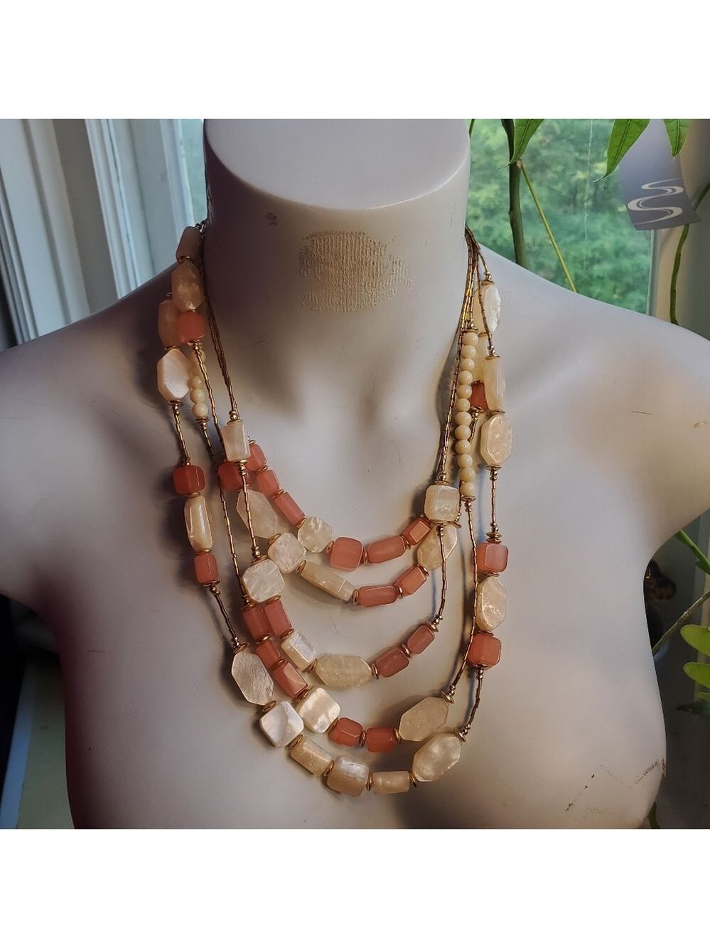 Vintage Peach Crystal & Mother Of Pearl  Chunky Necklace